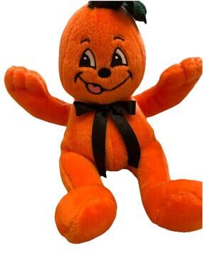 VTG Pumpkin Jack O Lantern Stuffed Plush Halloween Man Doll Tongue Out 2000s Y2K